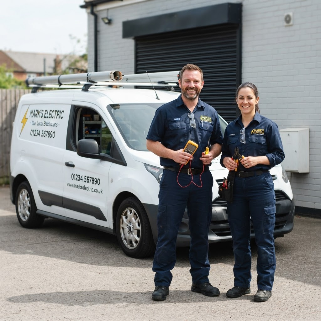 The small local Toronto Bright Electric team in front of their work van